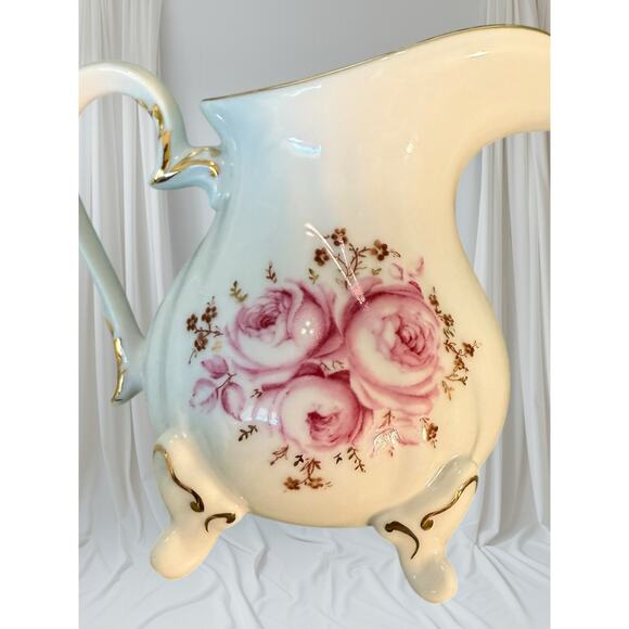 Vtg Weimar Porzellan Germany Pitcher HandPainted Pink Rose Footed Porcelain Jug - Picture 5 of 6
